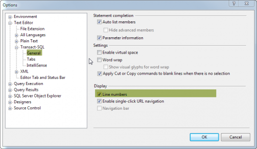 Display Line Numbers in SSMS