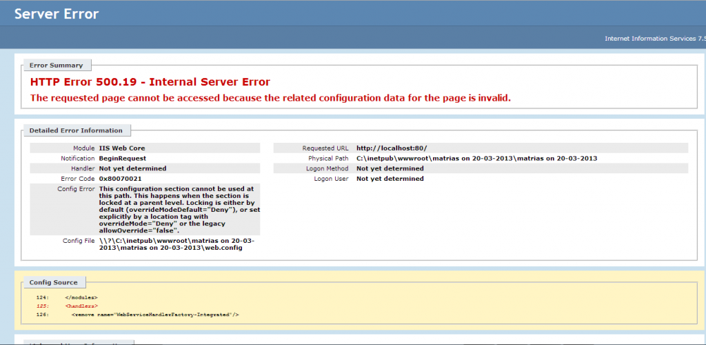 The requested page cannot be accessed because the related configuration data for the page is invalid problem in IIS