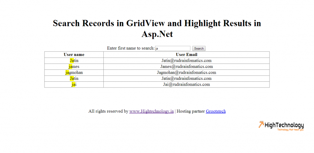 Search Records in GridView and Highlight Results in Asp.Net