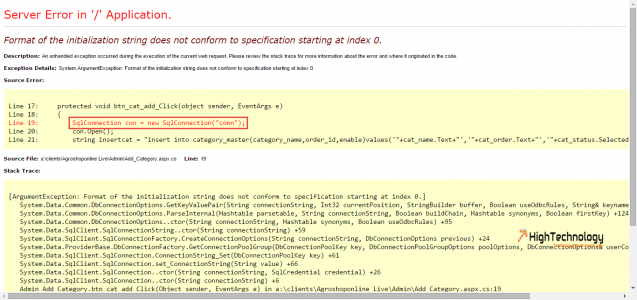 Format of the initialization string does not conform to specification starting at index 0