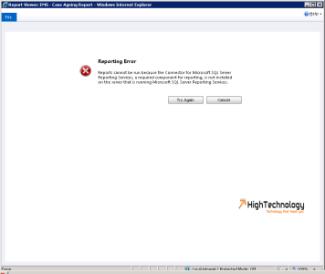 Reports ccannot be run because the Connector for Microsoft SQL Server Reporting Services, a required component for reporting, is not installed on the server that is running Microsoft SQL Server Reporting Services.