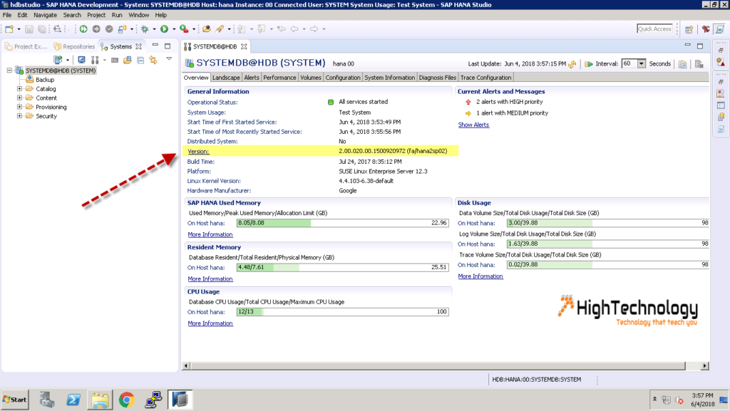 check version of SAP HANA database in sap hana studio