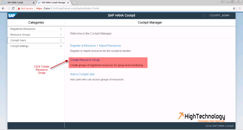 create resource group in sap hana cockpit