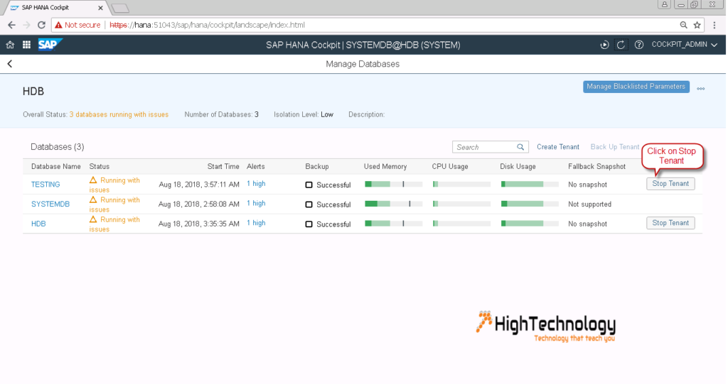 How to stop a sap hana tenant database using hana cockpit